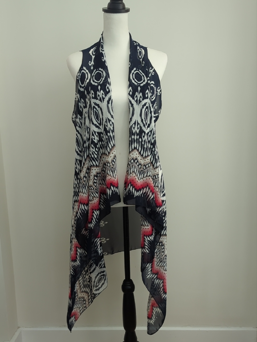 Scarfand Asymmetrical Handkerchief Hem Duster Vest w/ Ikat Print - Navy Size OS
